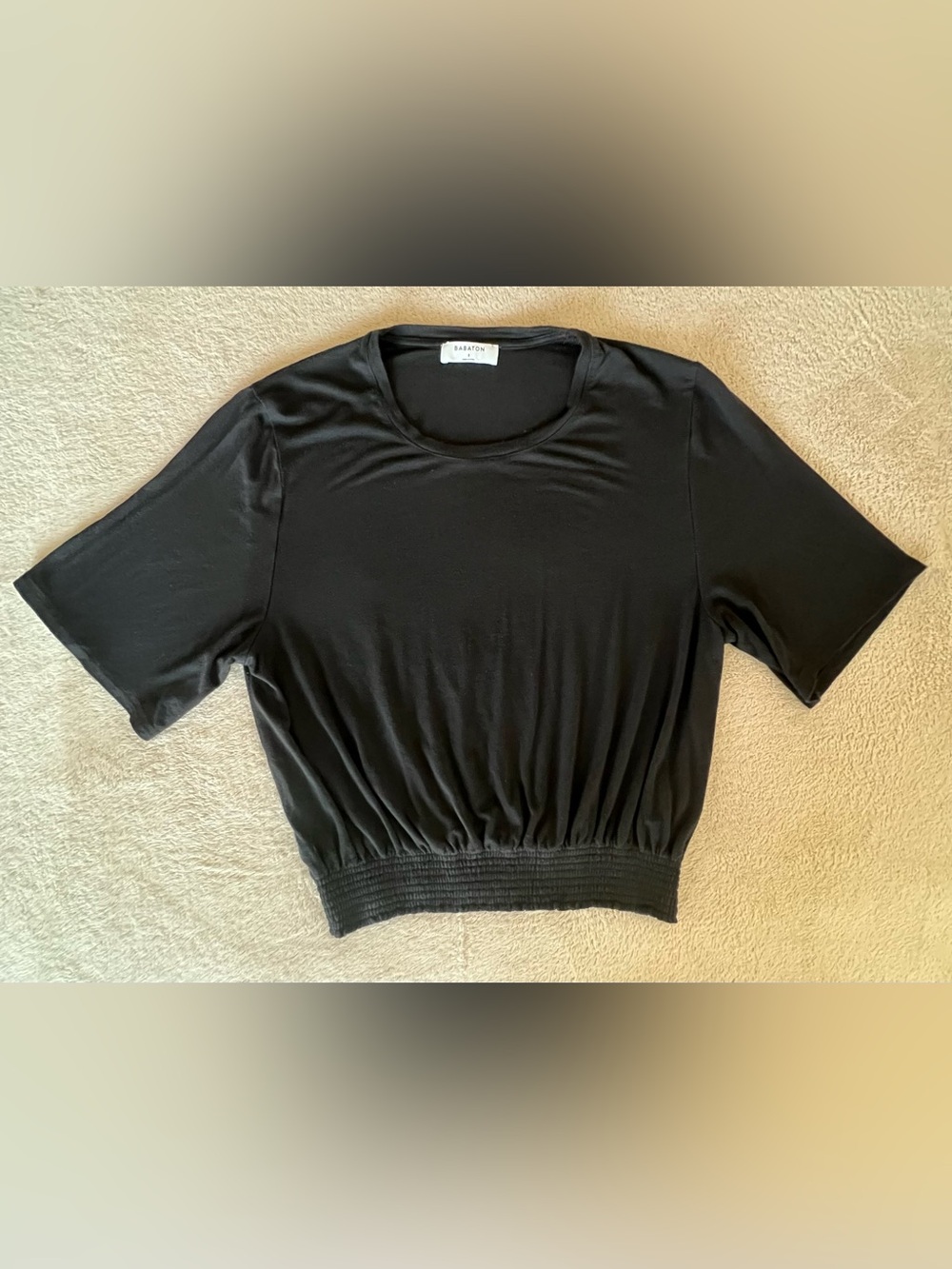 Babaton Black Scoop-Neck Short Sleeve Top with Smocked Hem